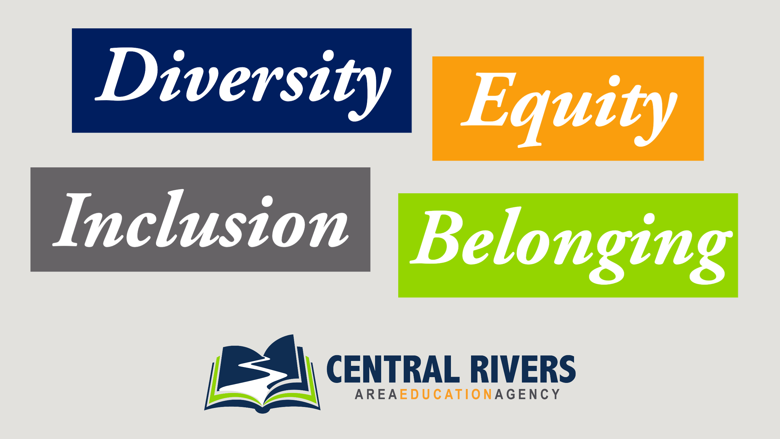 Diversity, Equity, Inclusion and Belonging written out in Central Rivers AEA brand colors with the CRAEA logo.